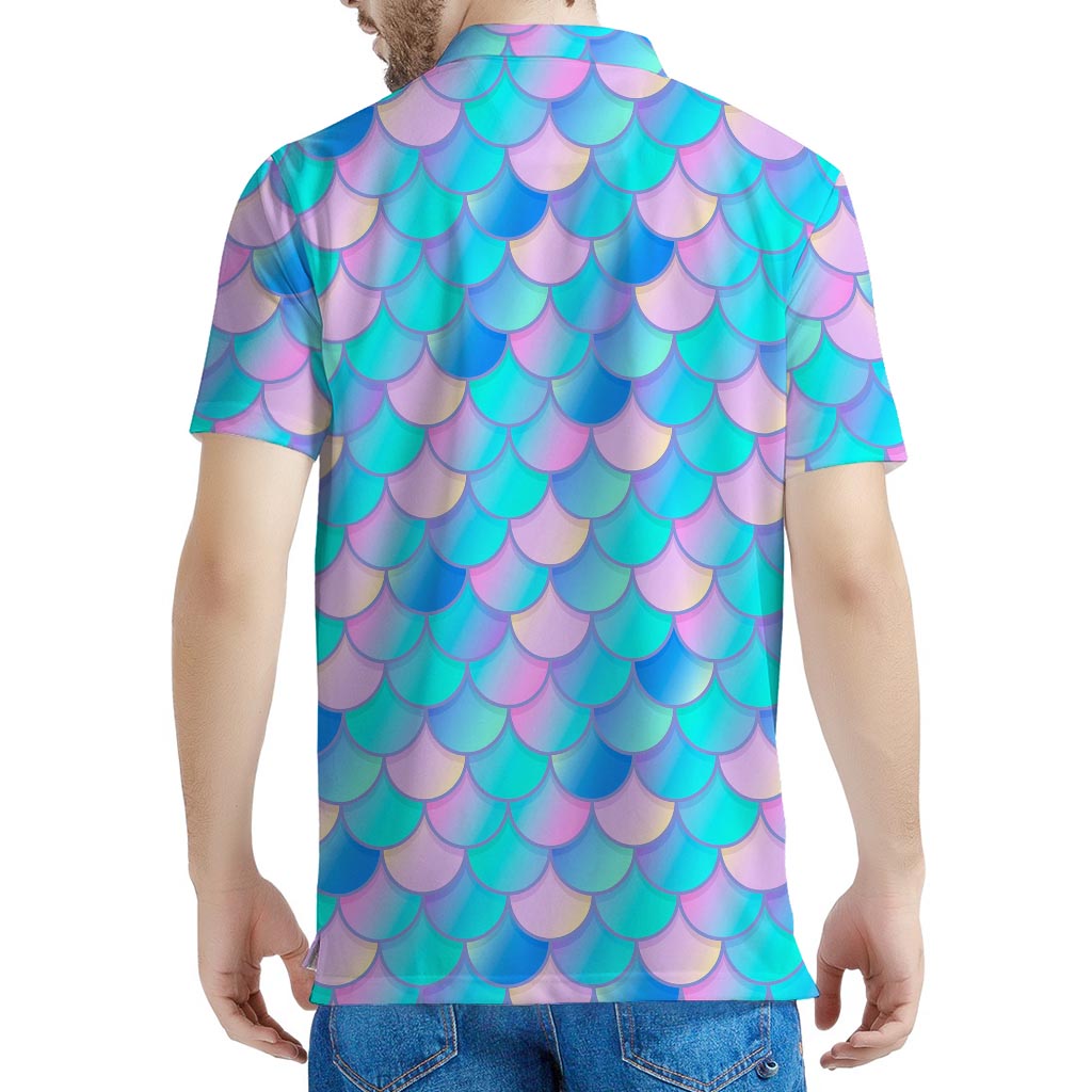 Pink Teal Mermaid Scales Pattern Print Men's Polo Shirt