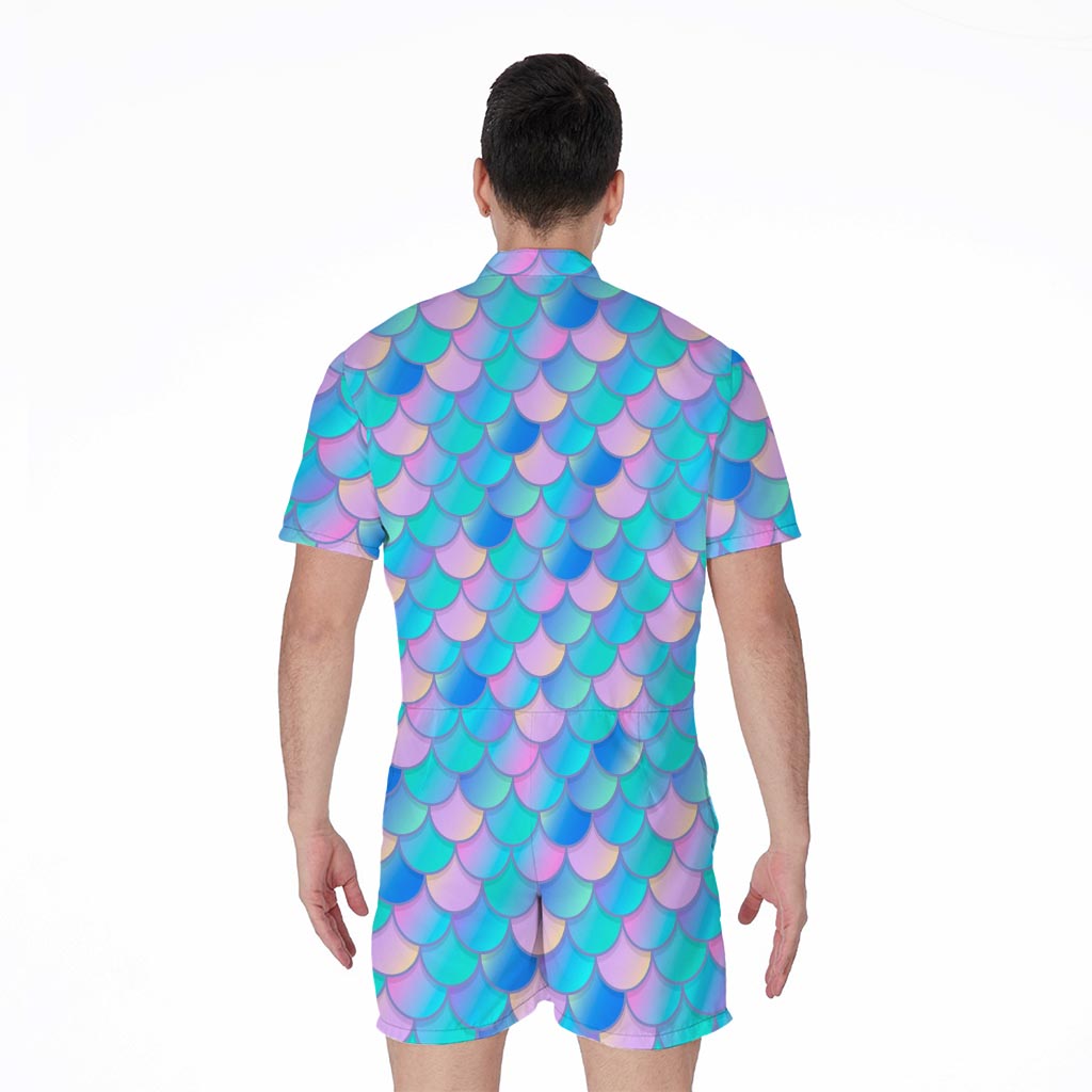 Pink Teal Mermaid Scales Pattern Print Men's Rompers