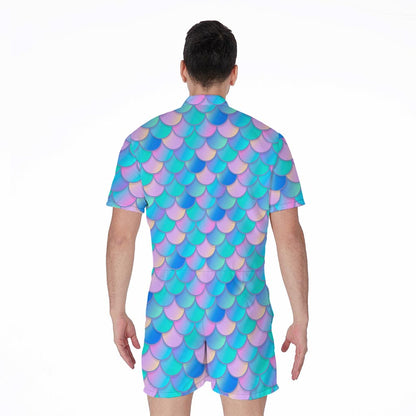 Pink Teal Mermaid Scales Pattern Print Men's Rompers