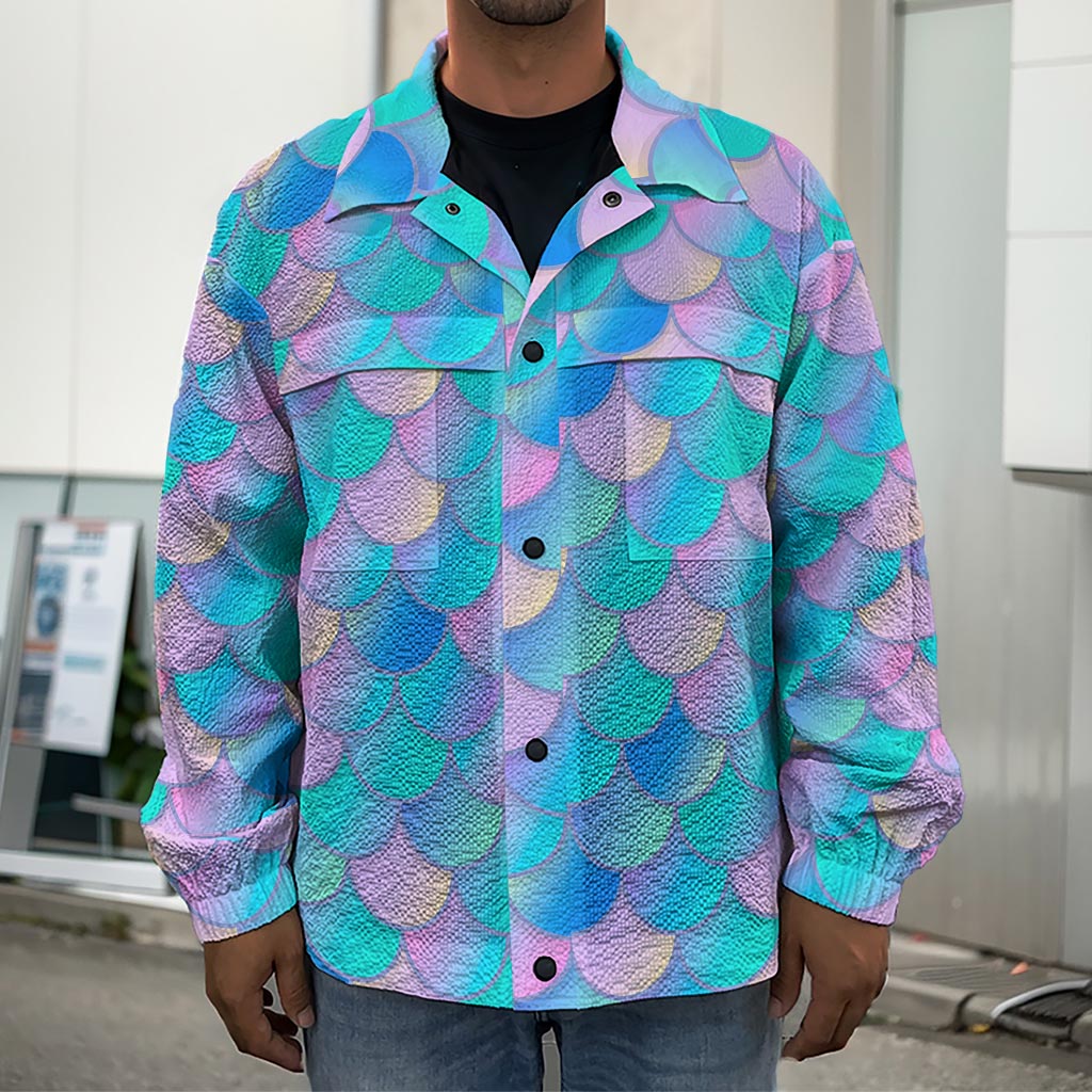 Pink Teal Mermaid Scales Pattern Print Men's Shirt Jacket