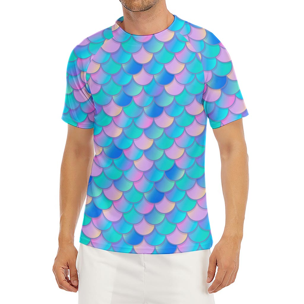 Pink Teal Mermaid Scales Pattern Print Men's Short Sleeve Rash Guard