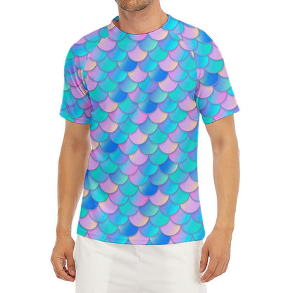 Pink Teal Mermaid Scales Pattern Print Men's Short Sleeve Rash Guard