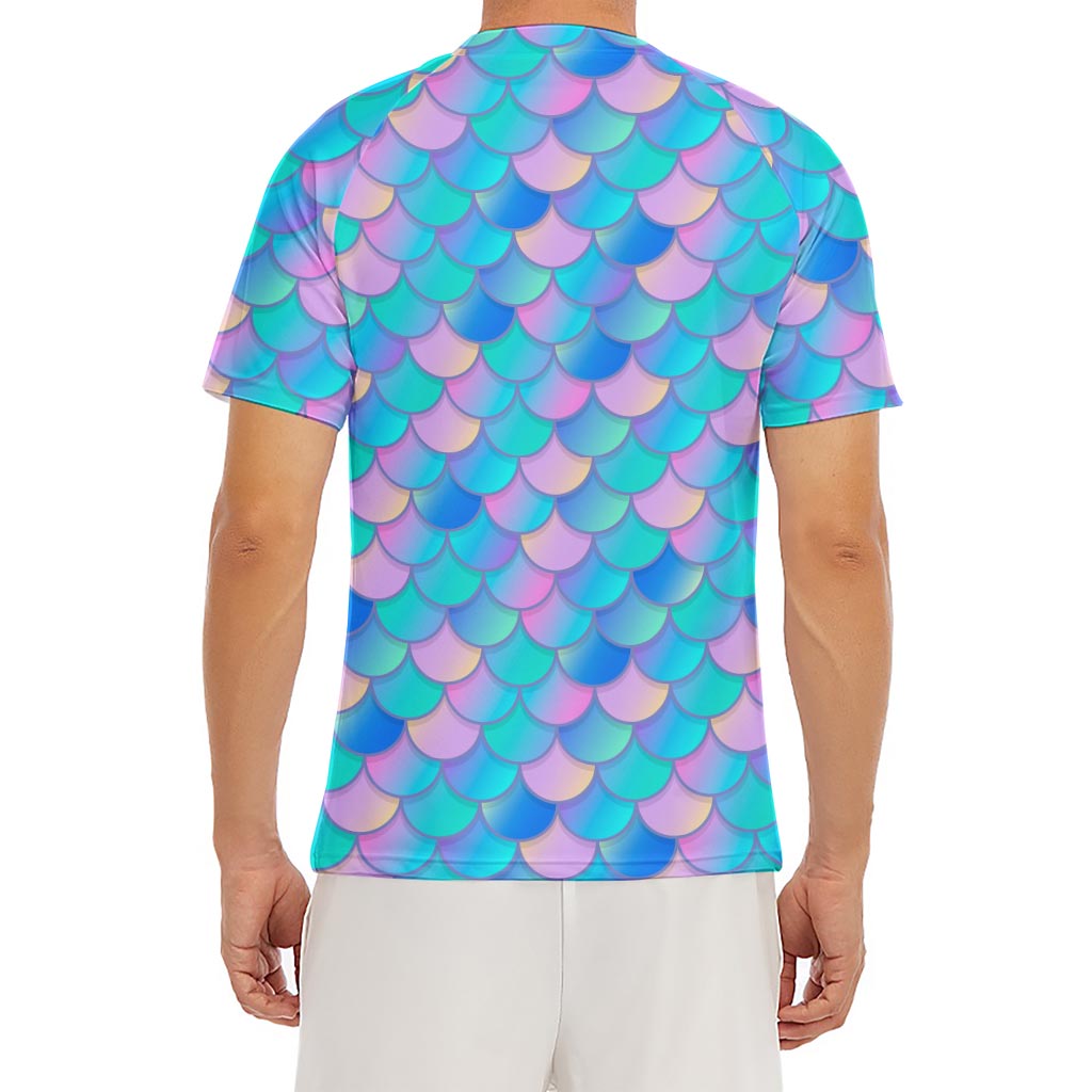 Pink Teal Mermaid Scales Pattern Print Men's Short Sleeve Rash Guard