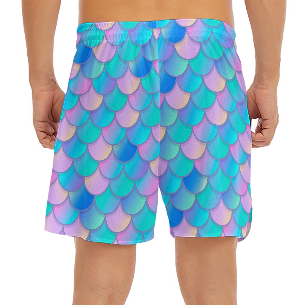 Pink Teal Mermaid Scales Pattern Print Men's Split Running Shorts