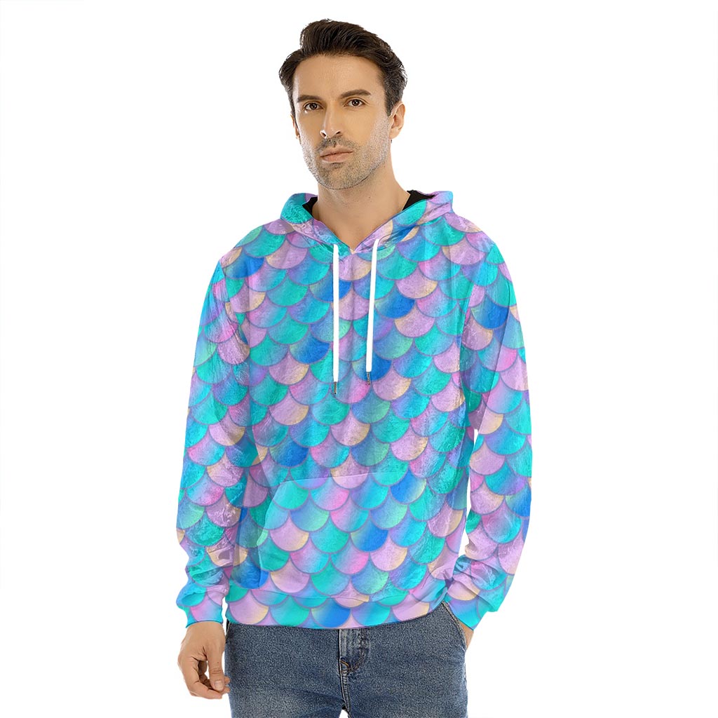 Pink Teal Mermaid Scales Pattern Print Men's Velvet Pullover Hoodie