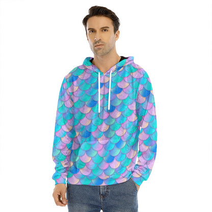 Pink Teal Mermaid Scales Pattern Print Men's Velvet Pullover Hoodie