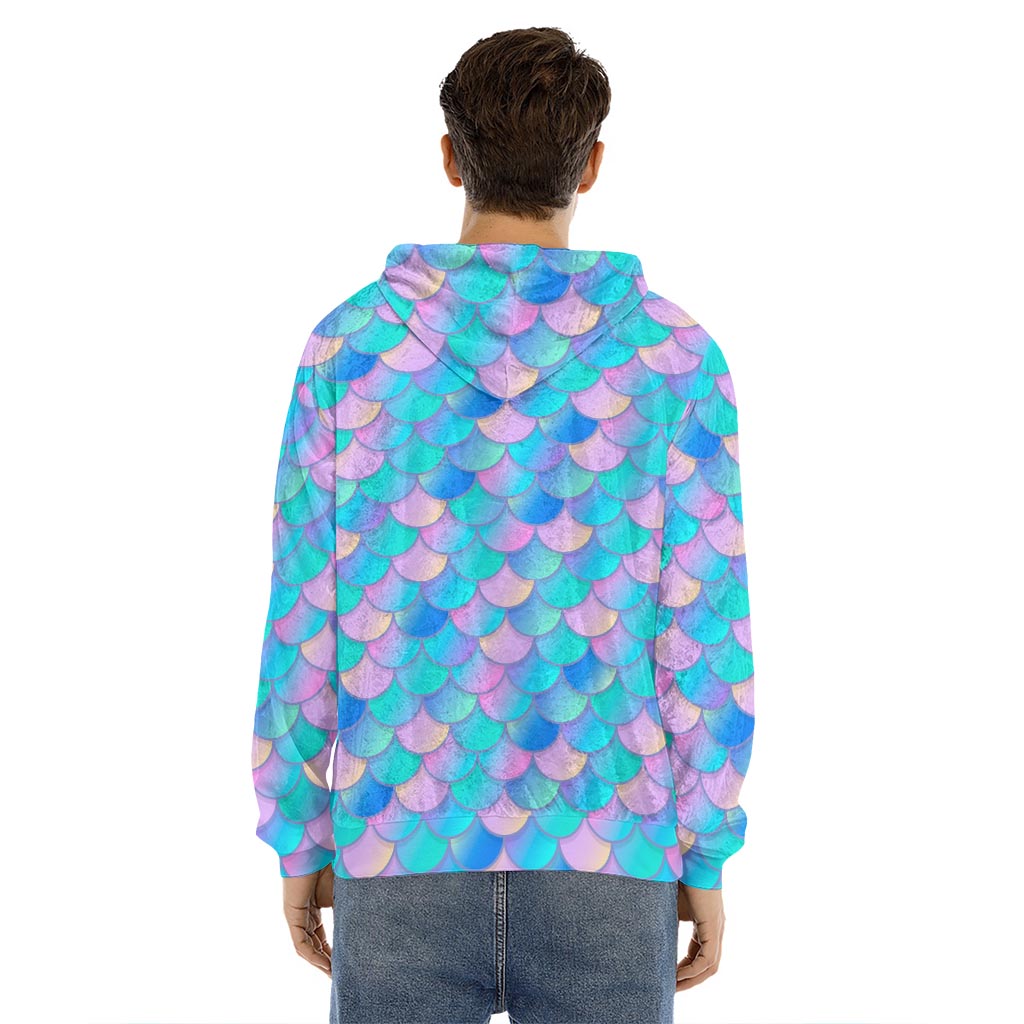 Pink Teal Mermaid Scales Pattern Print Men's Velvet Pullover Hoodie