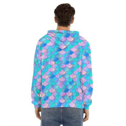 Pink Teal Mermaid Scales Pattern Print Men's Velvet Pullover Hoodie