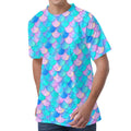 Pink Teal Mermaid Scales Pattern Print Men's Velvet T-Shirt