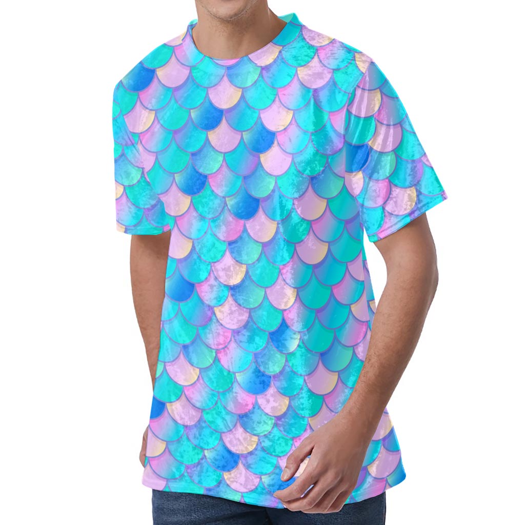 Pink Teal Mermaid Scales Pattern Print Men's Velvet T-Shirt