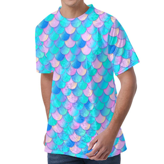 Pink Teal Mermaid Scales Pattern Print Men's Velvet T-Shirt