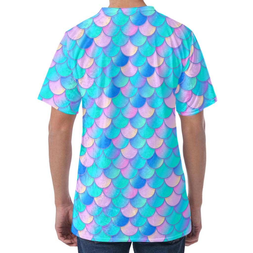 Pink Teal Mermaid Scales Pattern Print Men's Velvet T-Shirt
