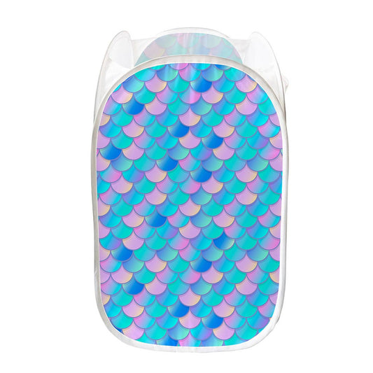 Pink Teal Mermaid Scales Pattern Print Mesh Laundry Hamper