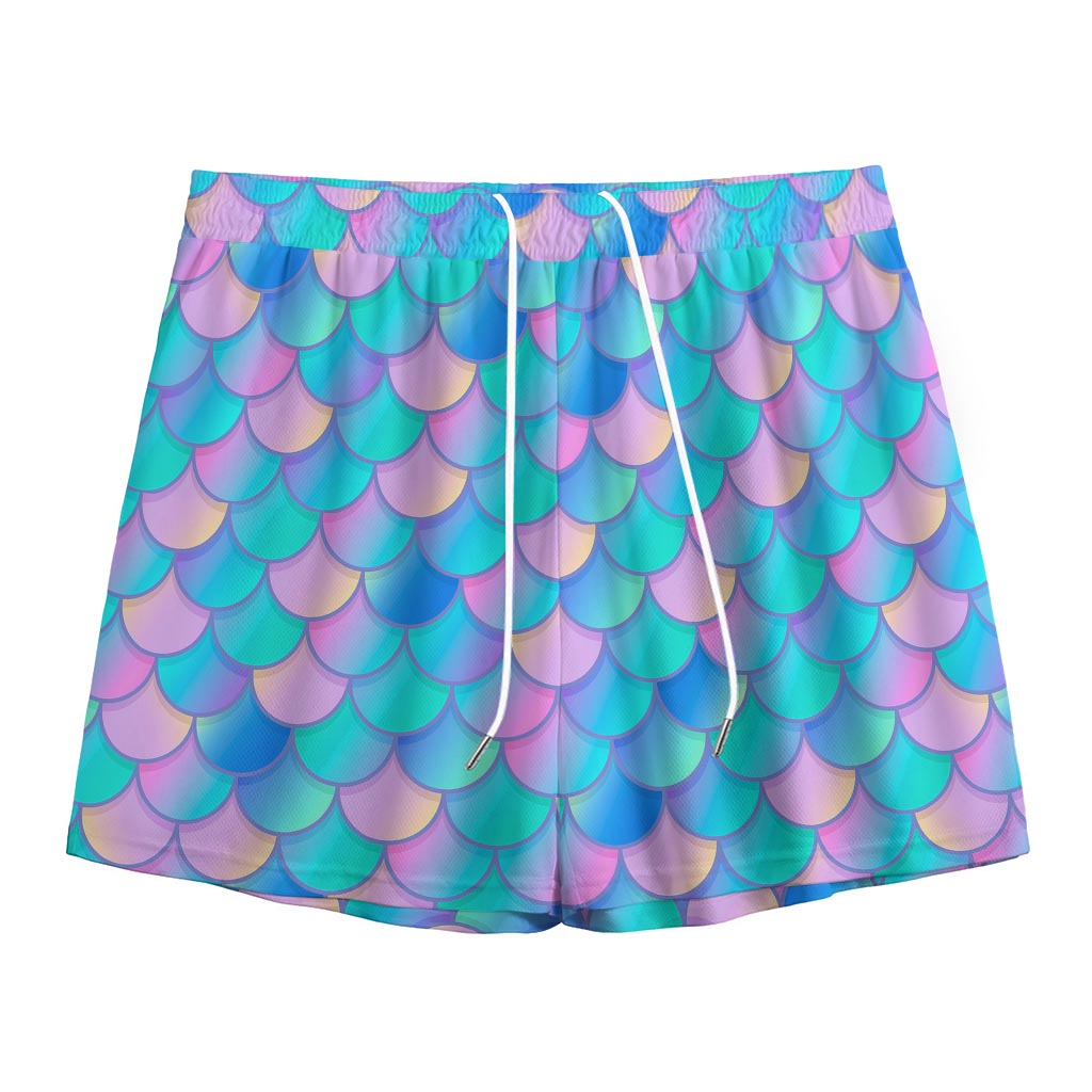 Pink Teal Mermaid Scales Pattern Print Mesh Shorts