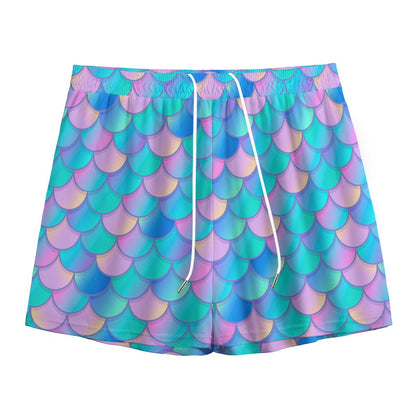 Pink Teal Mermaid Scales Pattern Print Mesh Shorts