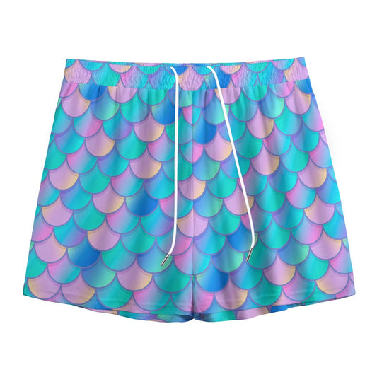 Pink Teal Mermaid Scales Pattern Print Mesh Shorts