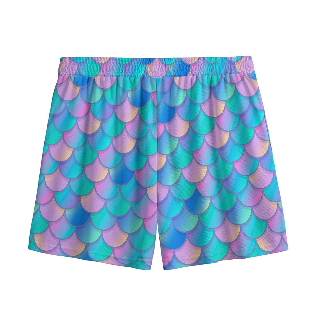 Pink Teal Mermaid Scales Pattern Print Mesh Shorts