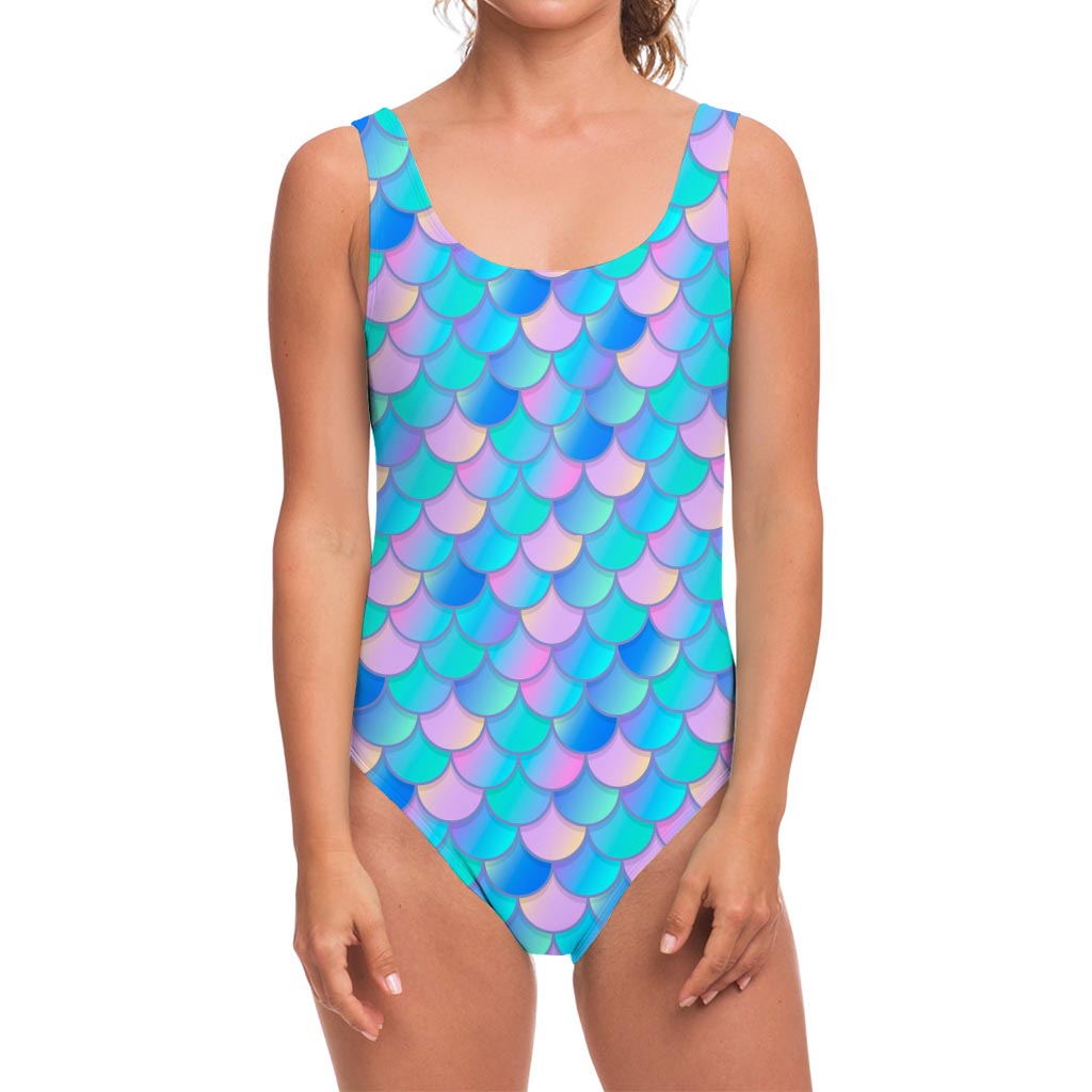 Pink Teal Mermaid Scales Pattern Print One Piece Swimsuit