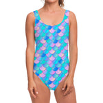 Pink Teal Mermaid Scales Pattern Print One Piece Swimsuit