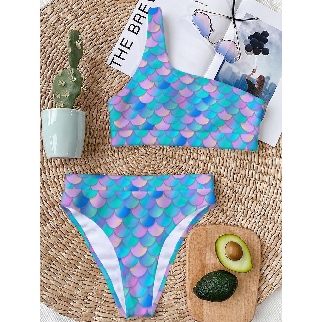 Pink Teal Mermaid Scales Pattern Print One Shoulder Bikini Top