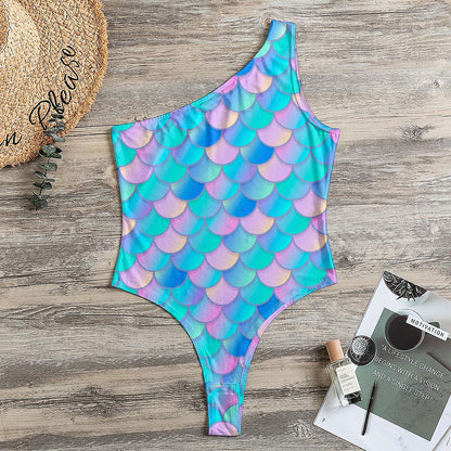 Pink Teal Mermaid Scales Pattern Print One Shoulder Bodysuit