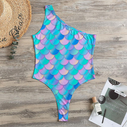 Pink Teal Mermaid Scales Pattern Print One Shoulder Bodysuit