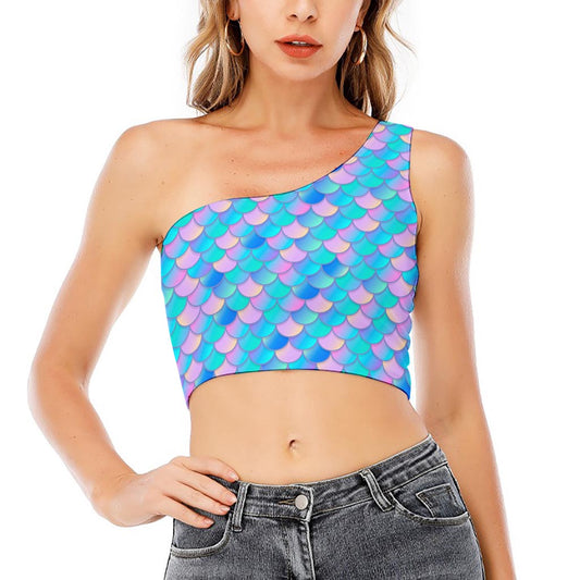 Pink Teal Mermaid Scales Pattern Print One Shoulder Crop Top