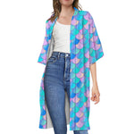 Pink Teal Mermaid Scales Pattern Print Open Front Beach Cover Up