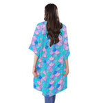 Pink Teal Mermaid Scales Pattern Print Open Front Beach Cover Up