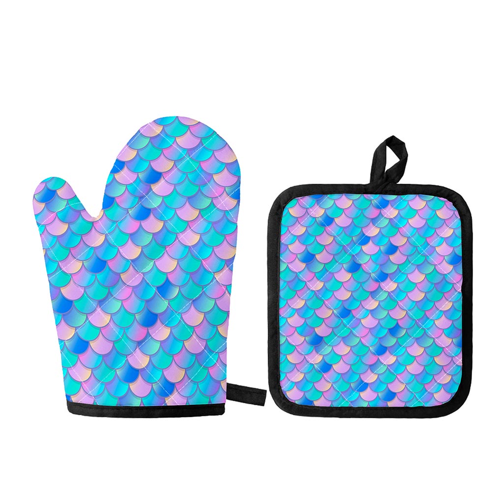 Pink Teal Mermaid Scales Pattern Print Oven Mitt And Pot Holder Set