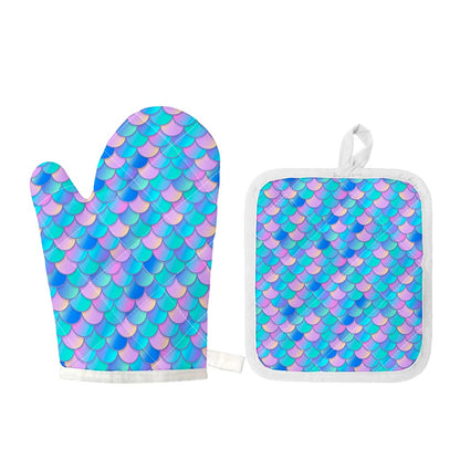 Pink Teal Mermaid Scales Pattern Print Oven Mitt And Pot Holder Set