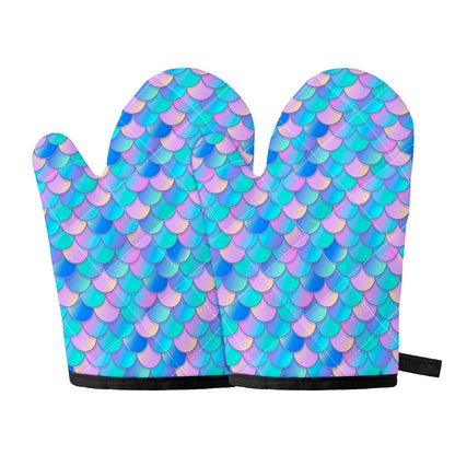 Pink Teal Mermaid Scales Pattern Print Oven Mitts
