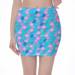 Pink Teal Mermaid Scales Pattern Print Pencil Mini Skirt
