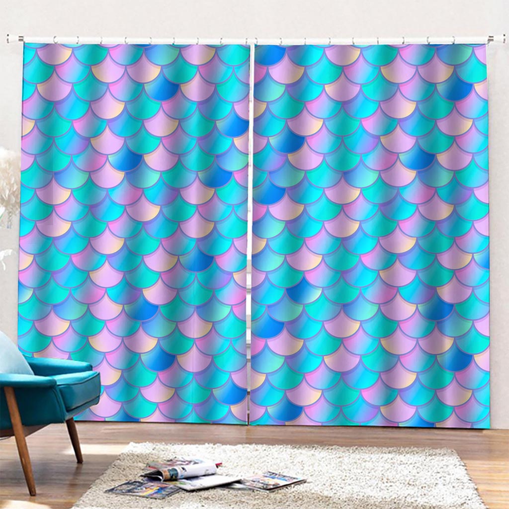 Pink Teal Mermaid Scales Pattern Print Pencil Pleat Curtains