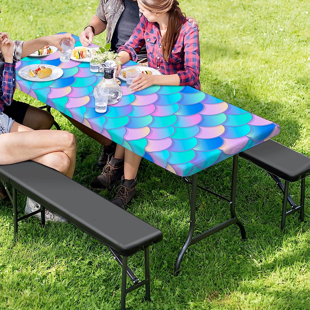 Pink Teal Mermaid Scales Pattern Print Picnic Table Cover