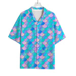 Pink Teal Mermaid Scales Pattern Print Rayon Hawaiian Shirt