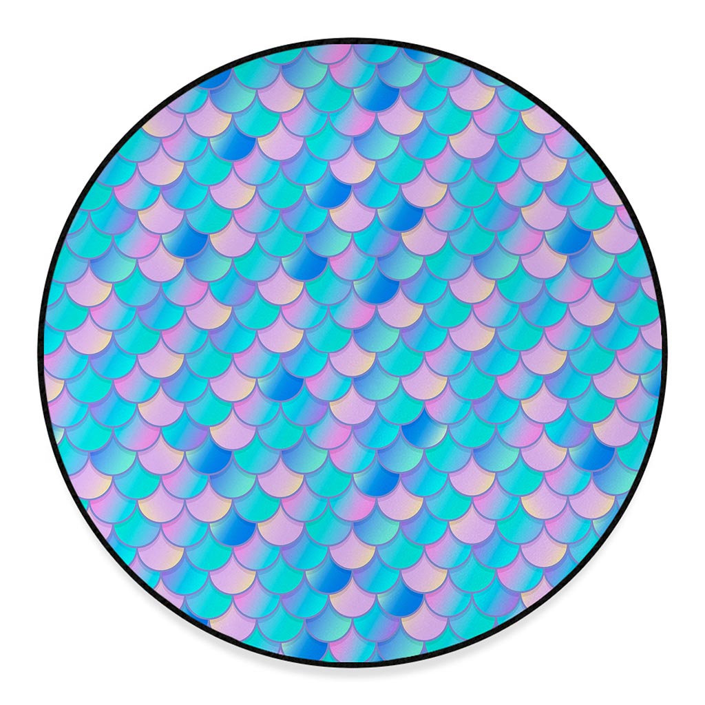 Pink Teal Mermaid Scales Pattern Print Round Floor Mat