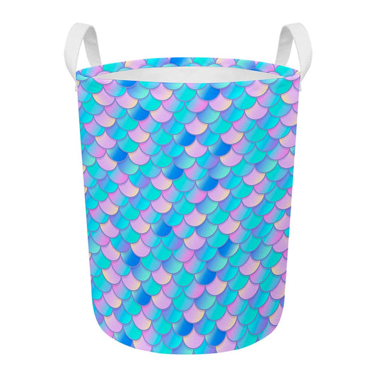 Pink Teal Mermaid Scales Pattern Print Round Laundry Basket