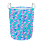 Pink Teal Mermaid Scales Pattern Print Round Laundry Basket