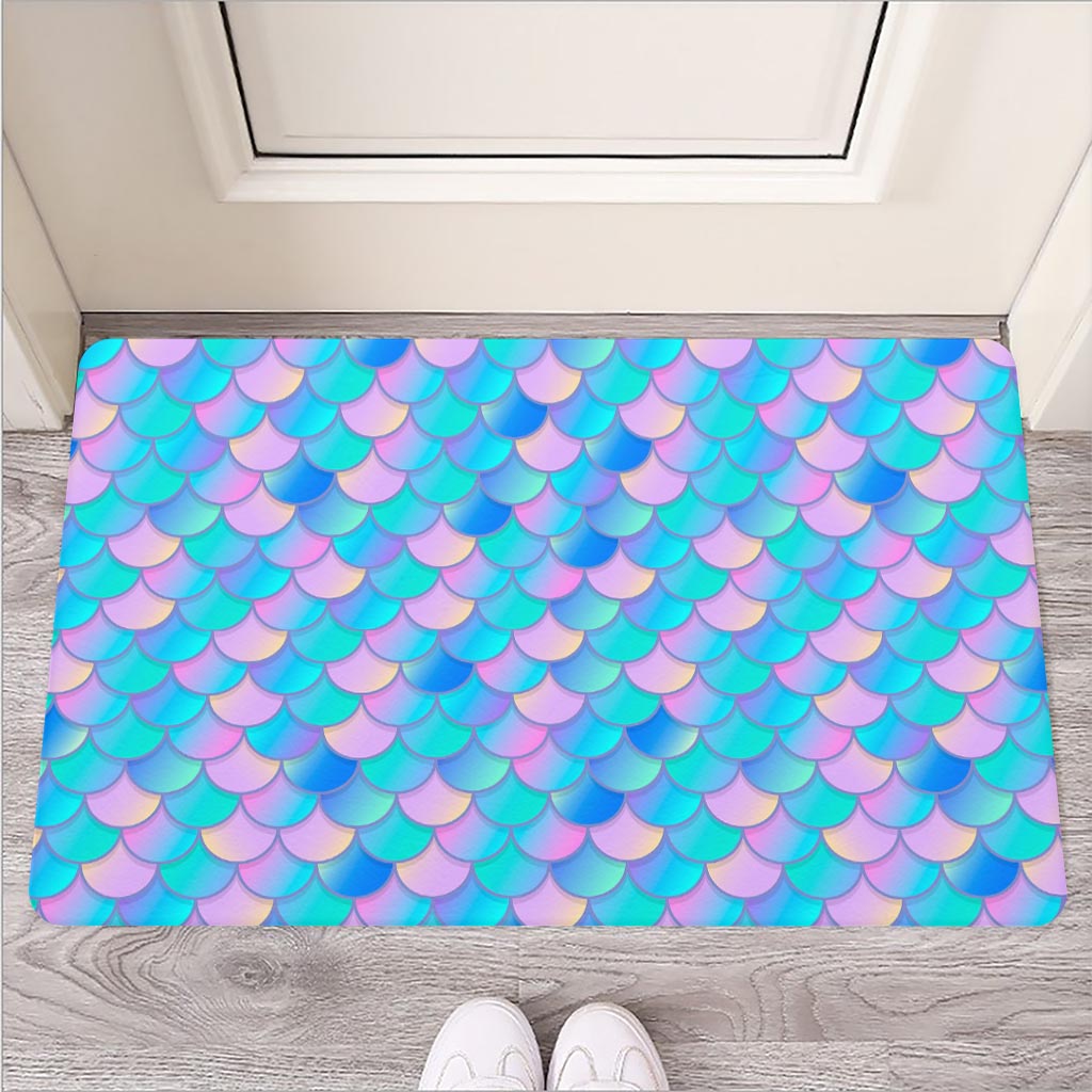 Pink Teal Mermaid Scales Pattern Print Rubber Doormat