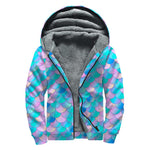 Pink Teal Mermaid Scales Pattern Print Sherpa Lined Zip Up Hoodie