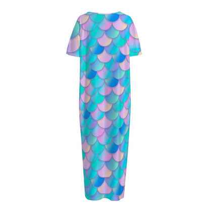 Pink Teal Mermaid Scales Pattern Print Short Sleeve Long Nightdress