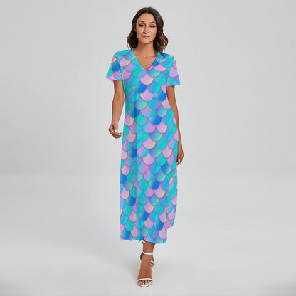 Pink Teal Mermaid Scales Pattern Print Short Sleeve Maxi Dress