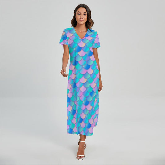 Pink Teal Mermaid Scales Pattern Print Short Sleeve Maxi Dress