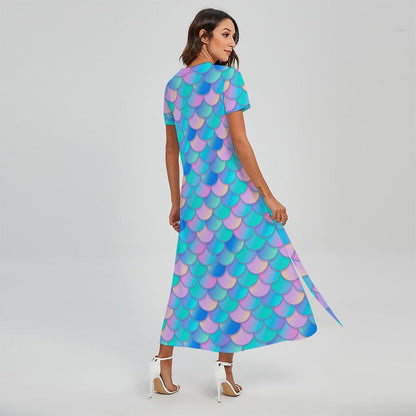 Pink Teal Mermaid Scales Pattern Print Short Sleeve Maxi Dress
