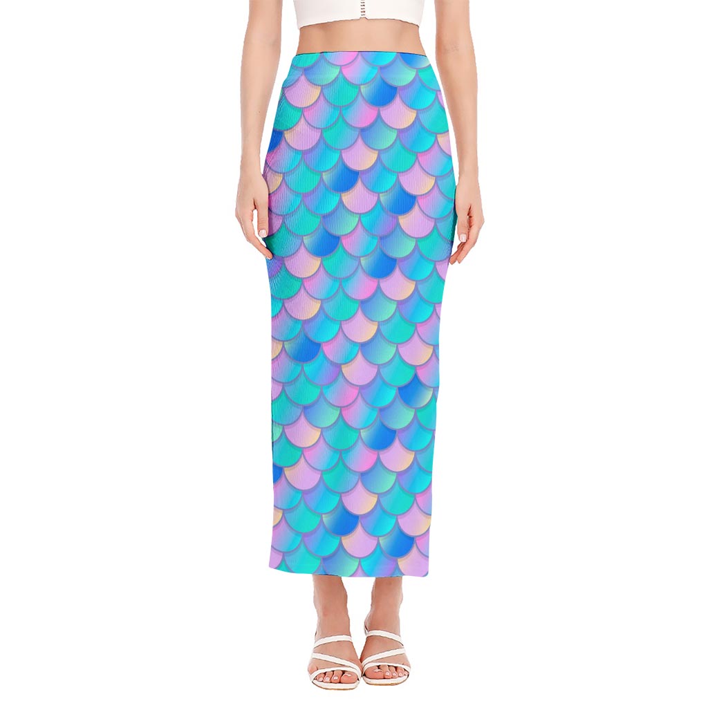 Pink Teal Mermaid Scales Pattern Print Side Slit Maxi Skirt