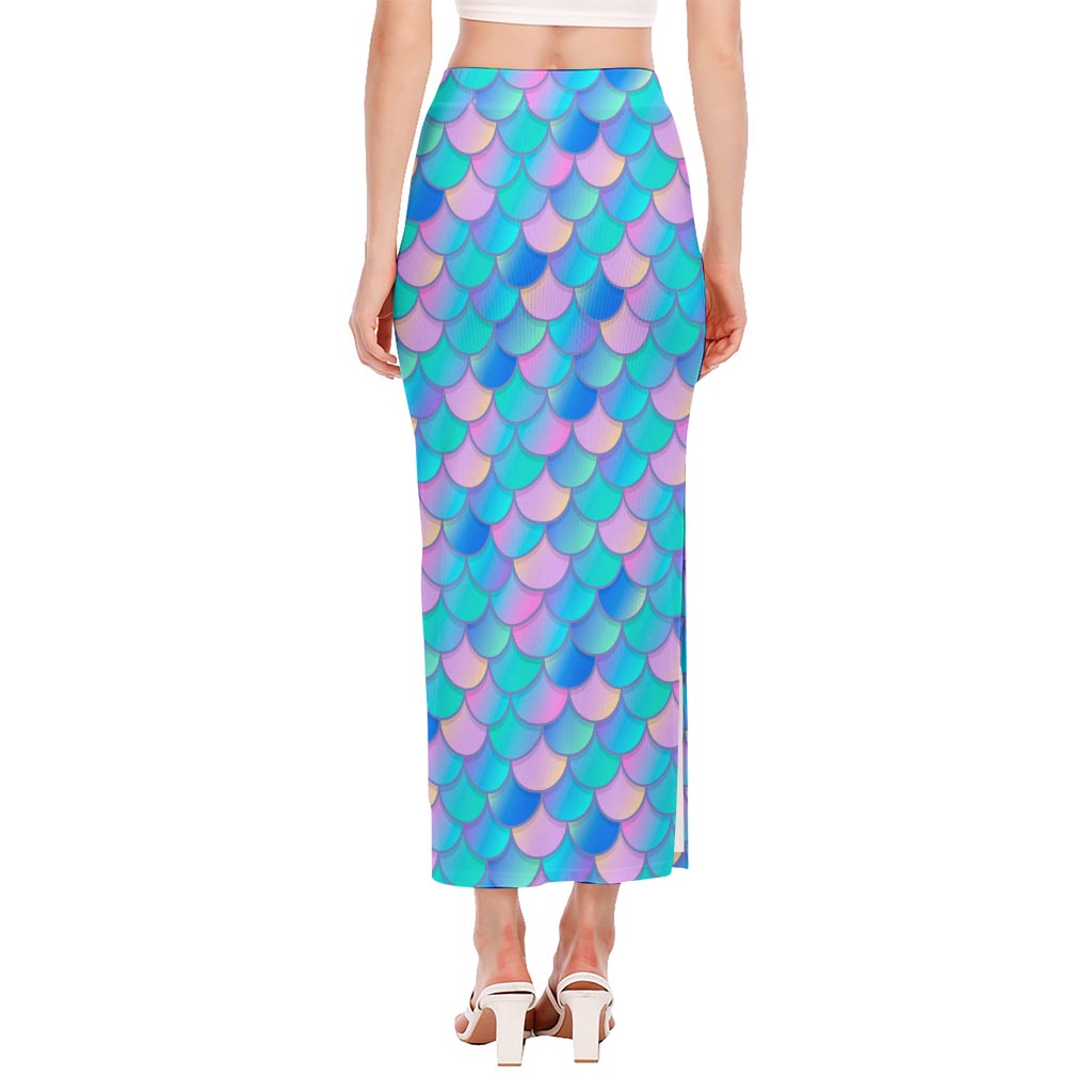 Pink Teal Mermaid Scales Pattern Print Side Slit Maxi Skirt