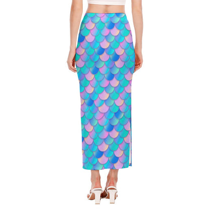 Pink Teal Mermaid Scales Pattern Print Side Slit Maxi Skirt