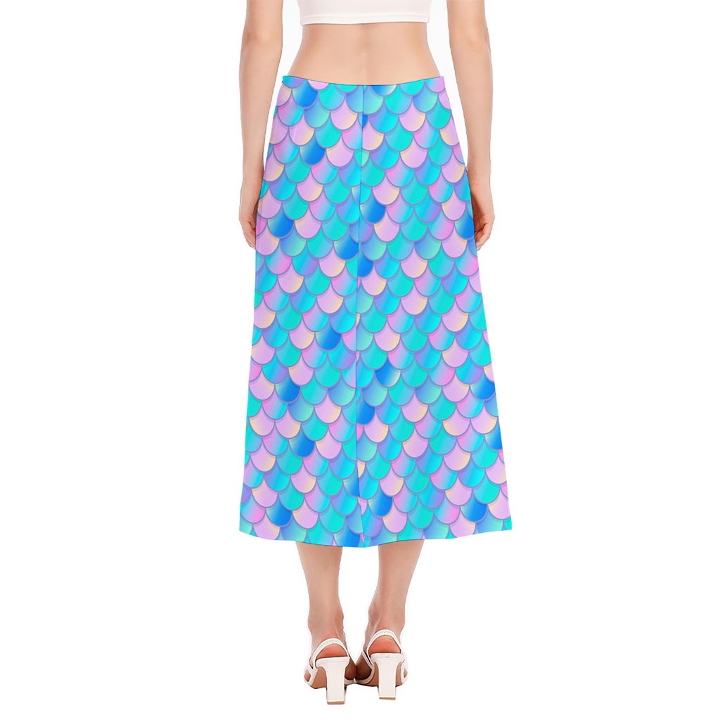 Pink Teal Mermaid Scales Pattern Print Side Slit Midi Skirt