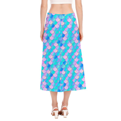Pink Teal Mermaid Scales Pattern Print Side Slit Midi Skirt